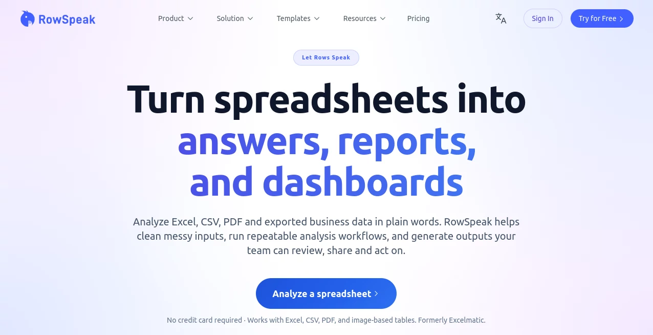 Screenshot of RowSpeak – An AI tool in the ,AI Documents Assistant ,AI Productivity Tools ,AI Spreadsheet  category, showcasing its interface and key features.