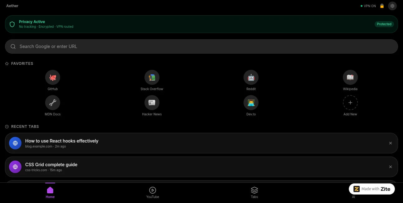 Screenshot of Aether Browser – An AI tool in the  category, showcasing its interface and key features.