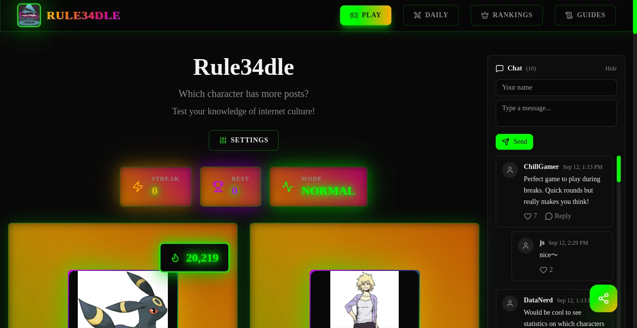 Screenshot of rule34dle – An AI tool in the ,AI Game ,AI Fun Tools ,NSFW ,Other  category, showcasing its interface and key features.