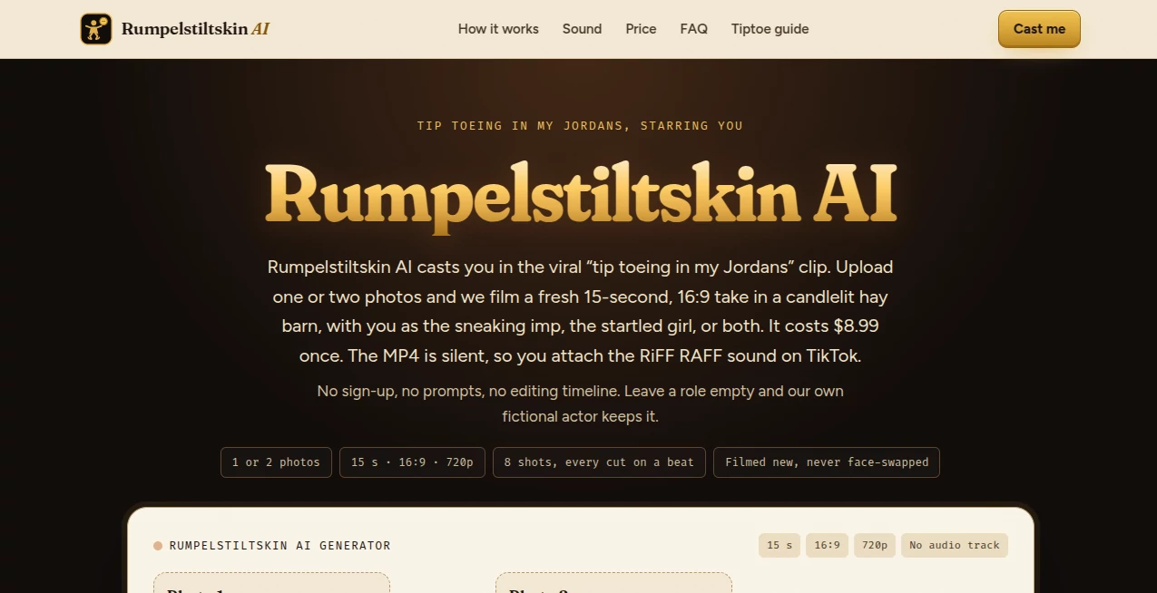 Screenshot of Rumpelstiltskin AI – An AI tool in the ,AI Image to Video ,AI UGC Video Generator ,AI Personalized Video Generator ,Video ,AI Short Clips Generator  category, showcasing its interface and key features.