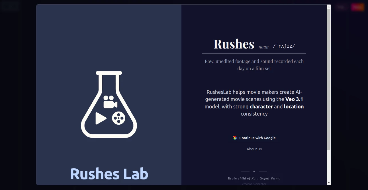 Screenshot of Rushes Lab – An AI tool in the ,AI Script Writing ,AI Story Writing ,AI Animated Video ,AI Video Generator  category, showcasing its interface and key features.