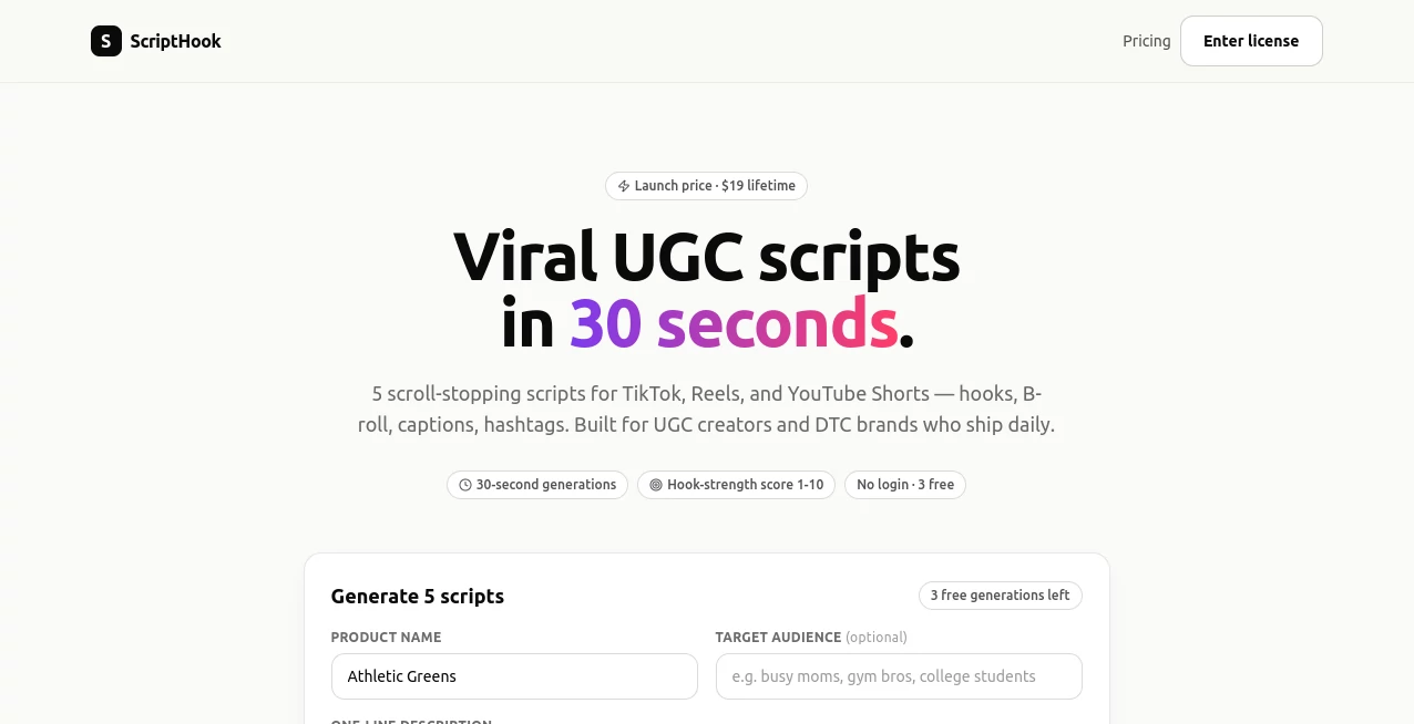 Screenshot of ScriptHook – An AI tool in the ,AI Ad Creative Assistant ,AI Content Generator ,AI Social Media Assistant ,AI Digital Marketing Generator  category, showcasing its interface and key features.