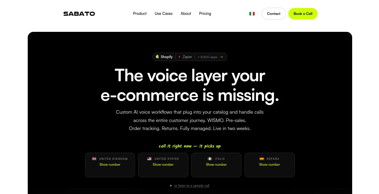 Screenshot of Sabato – An AI tool in the ,AI Sales Assistant ,AI Customer Service Assistant ,AI E-commerce Assistant ,AI Voice Assistants  category, showcasing its interface and key features.