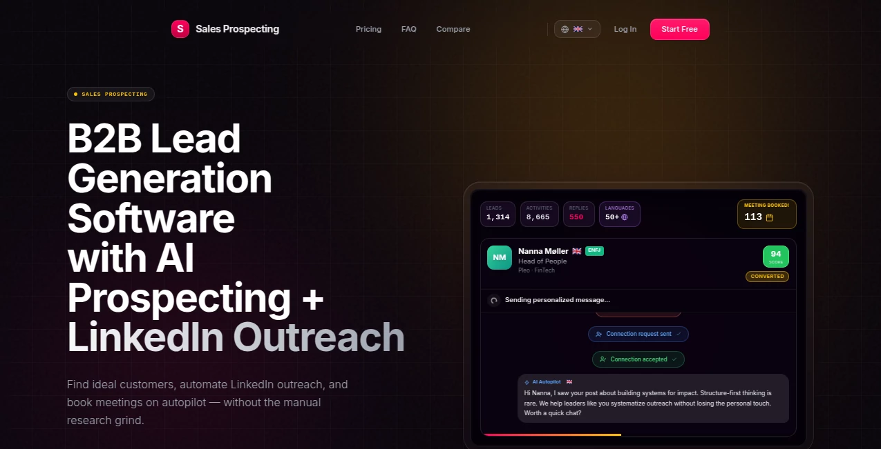 Screenshot of Sales Prospecting – An AI tool in the ,AI Lead Generation ,AI Sales Assistant ,AI Productivity Tools ,AI CRM Assistant  category, showcasing its interface and key features.