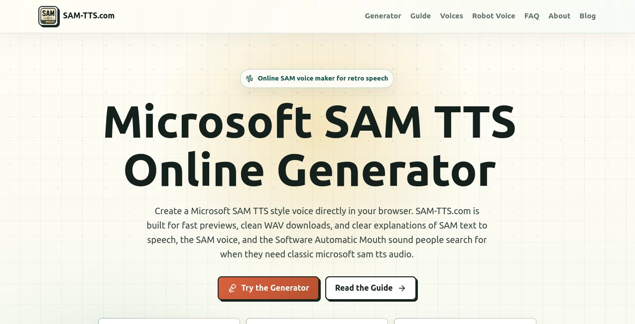 Screenshot of sam tts – An AI tool in the ,AI Voice Cloning ,AI Text to Speech ,AI Speech Synthesis ,AI Voice & Audio Editing  category, showcasing its interface and key features.