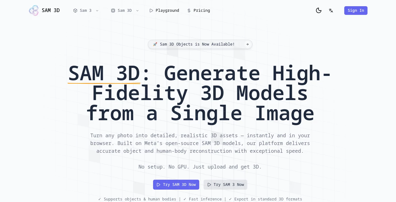 Screenshot of SAM 3D – An AI tool in the ,AI Design Generator ,AI 3D Model Generator ,AI Image to 3D Model  category, showcasing its interface and key features.