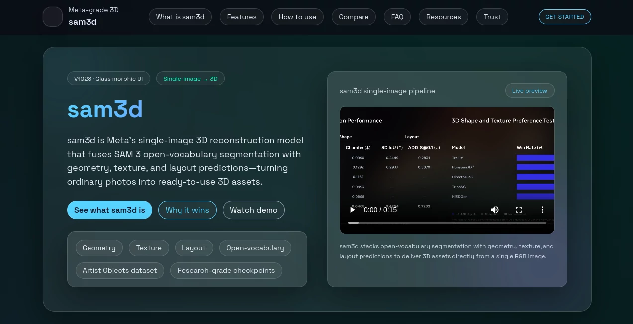 Screenshot of sam3d – An AI tool in the ,Photo & Image Editor ,AI Design Generator ,AI 3D Model Generator ,AI Image to 3D Model  category, showcasing its interface and key features.