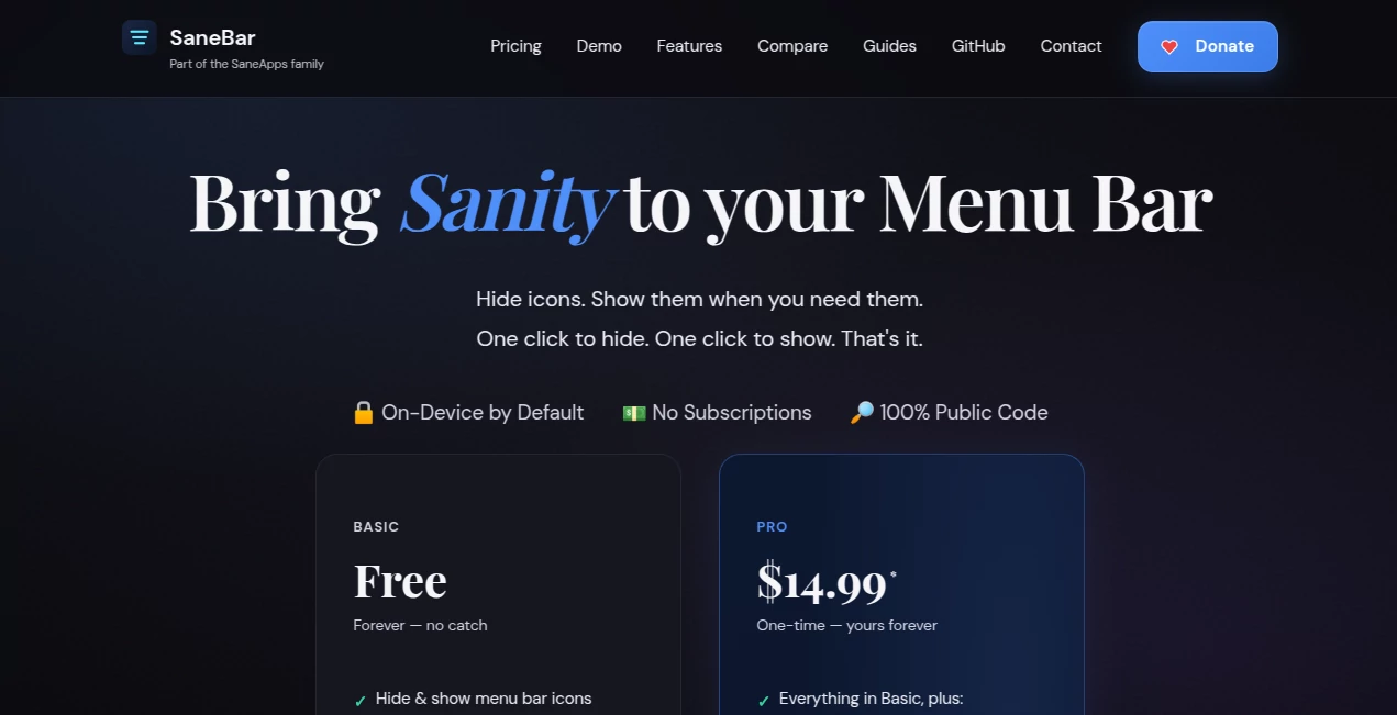 Screenshot of SaneBar – An AI tool in the ,AI Blog Writer ,AI Content Generator ,AI Copywriting ,AI Writing Assistants  category, showcasing its interface and key features.
