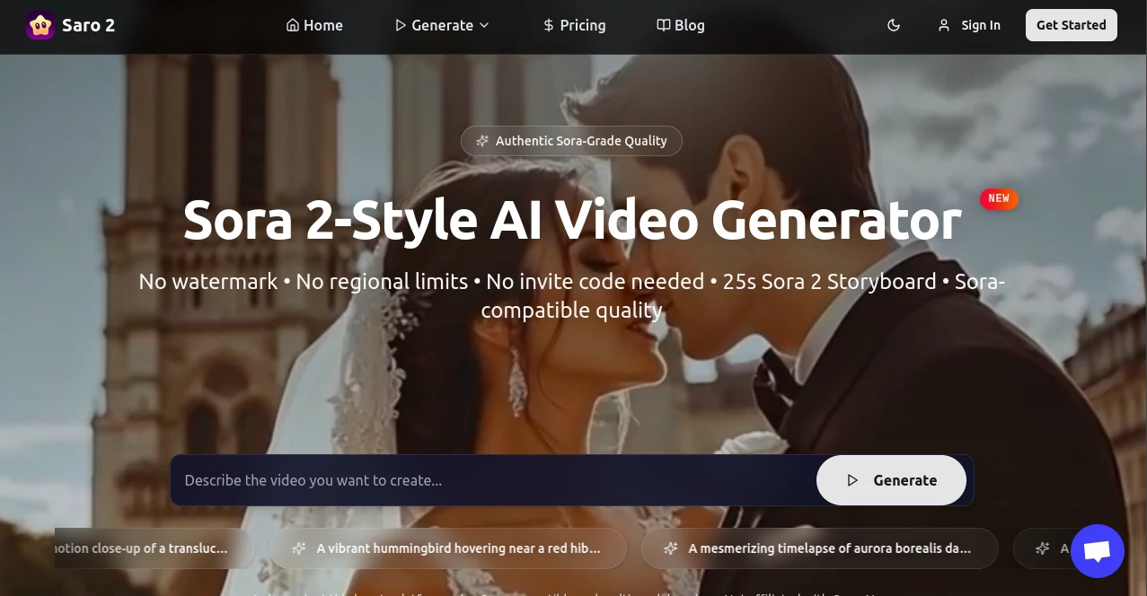 Screenshot of Saro 2 – An AI tool in the ,AI Animated Video ,AI Video Generator ,AI Short Clips Generator ,AI Text to Video  category, showcasing its interface and key features.