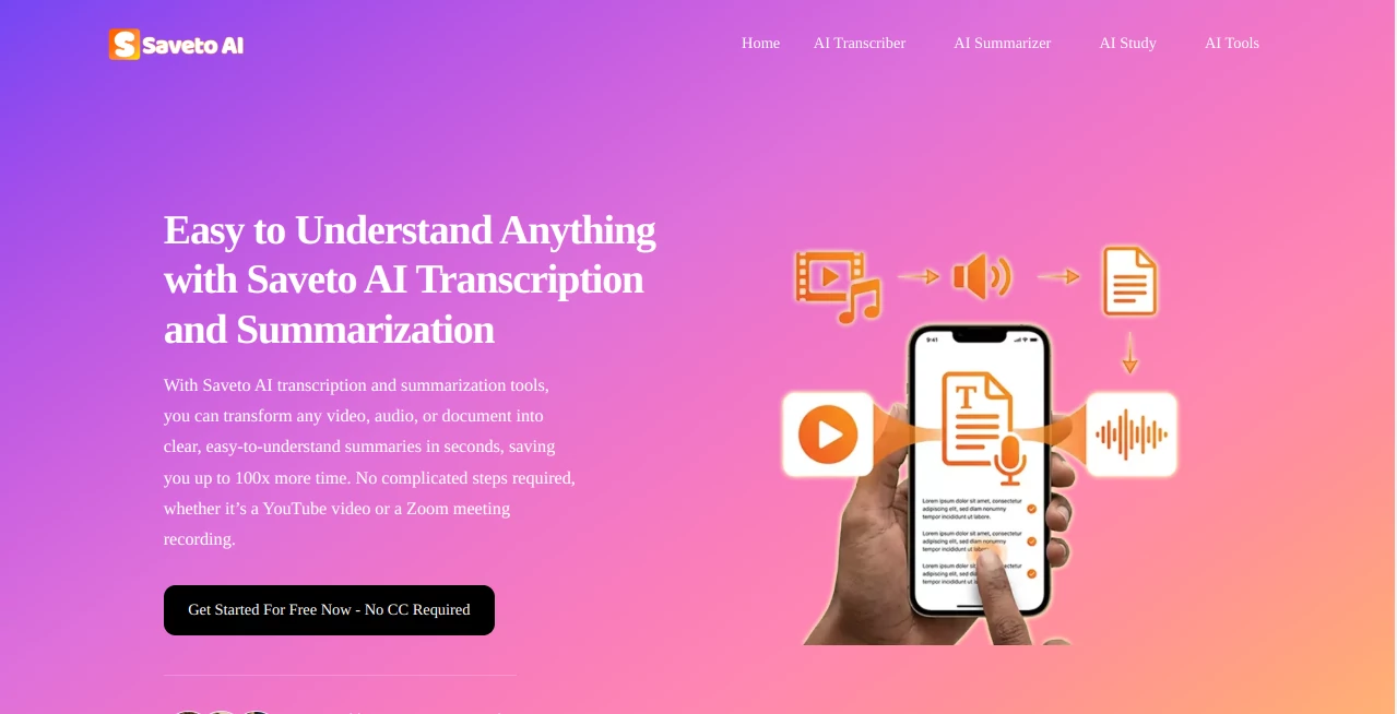 Screenshot of Saveto AI – An AI tool in the ,AI Summarizer ,AI Transcription ,AI Documents Assistant  category, showcasing its interface and key features.