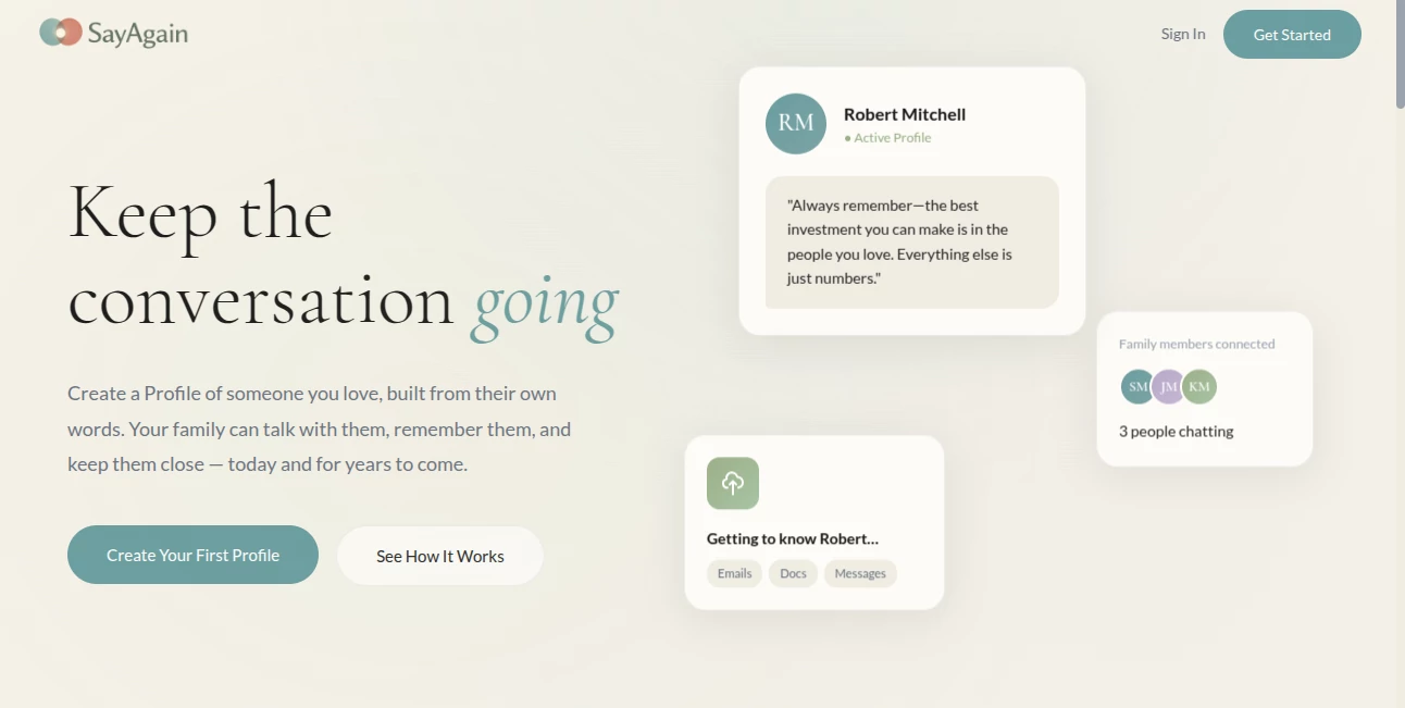 Screenshot of SayAgain – An AI tool in the ,AI Chatbot ,AI Character ,AI Life Assistant ,AI Mental Health  category, showcasing its interface and key features.