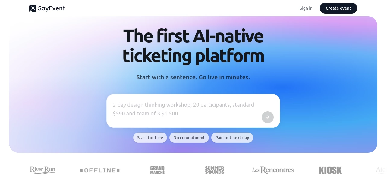 Screenshot of SayEvent – An AI tool in the ,AI Productivity Tools ,AI Team Collaboration ,AI Scheduling ,AI Forms & Surveys  category, showcasing its interface and key features.