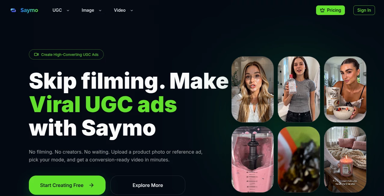 Screenshot of Saymo – An AI tool in the ,AI Ad Creative Assistant ,AI Video Generator ,AI Advertising Assistant ,AI UGC Video Generator  category, showcasing its interface and key features.
