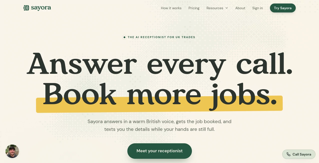 Screenshot of Sayora – An AI tool in the ,Business ,AI Scheduling ,AI Customer Service Assistant ,AI Voice Assistants  category, showcasing its interface and key features.
