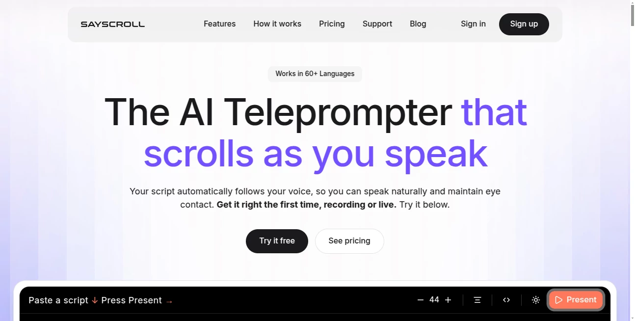 Screenshot of Sayscroll – An AI tool in the ,AI Productivity Tools ,AI Speech Recognition ,AI Presentation Generator ,AI Video Recording  category, showcasing its interface and key features.