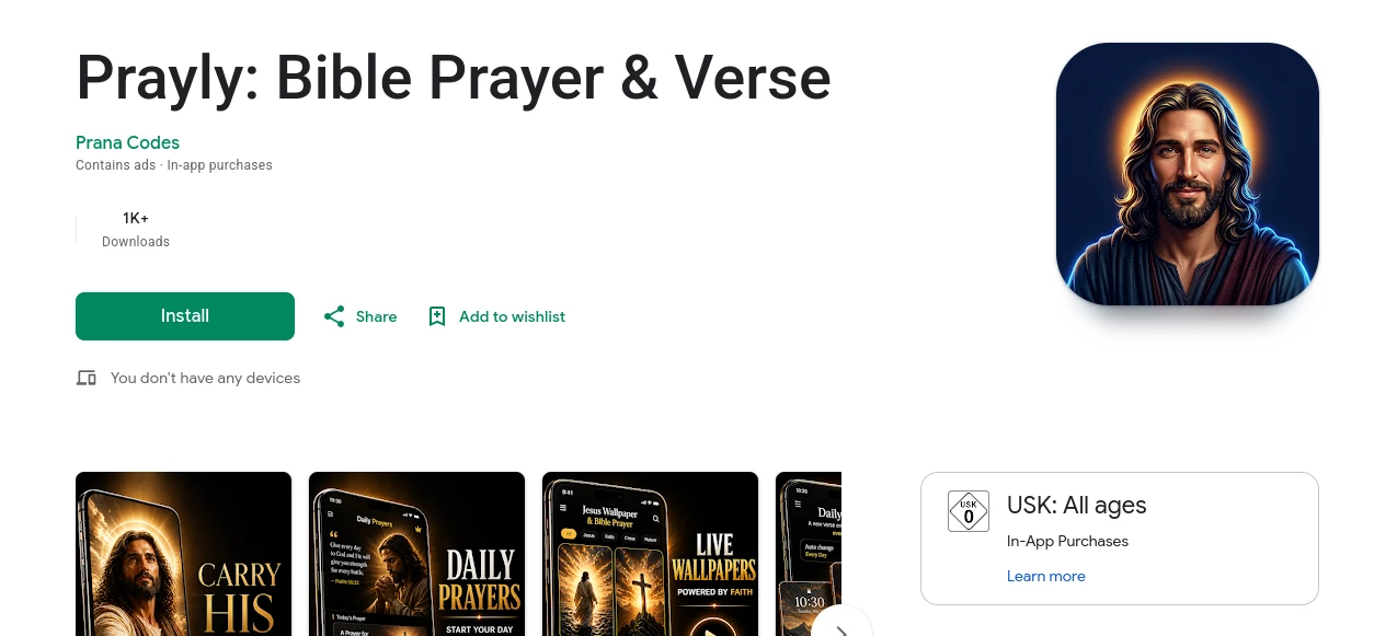 Screenshot of Prayly: Bible Prayer & Verse – An AI tool in the ,AI Wallpaper Generator ,Image  category, showcasing its interface and key features.