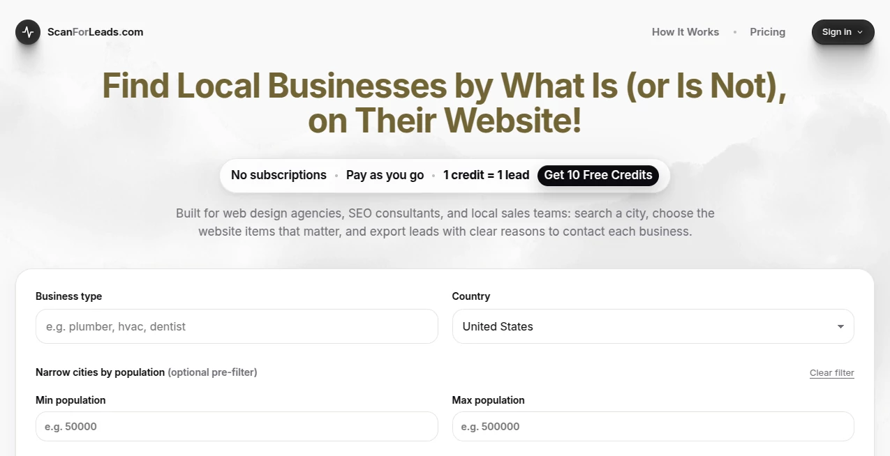 Screenshot of ScanForLeads – An AI tool in the ,AI Research Tool ,AI Sales Assistant ,AI E-commerce Assistant ,AI Lead Generation  category, showcasing its interface and key features.