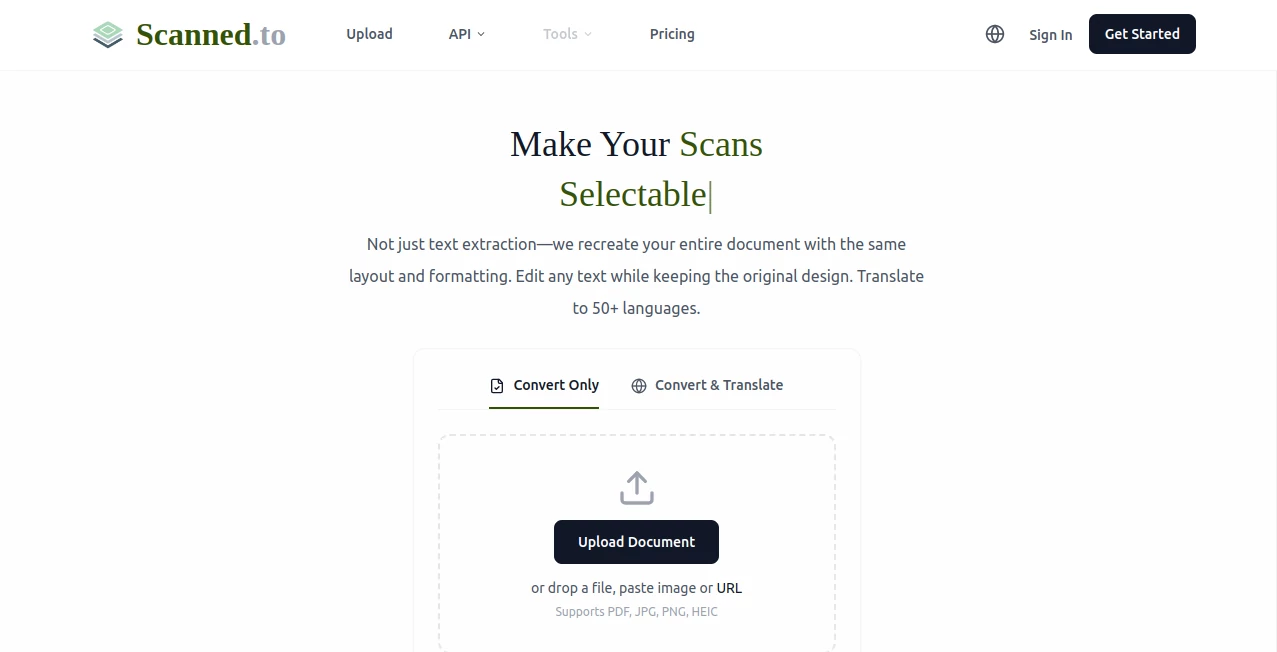 Screenshot of Scanned.to – An AI tool in the ,AI Transcriber ,AI PDF ,AI Documents Assistant ,AI Document Extraction  category, showcasing its interface and key features.