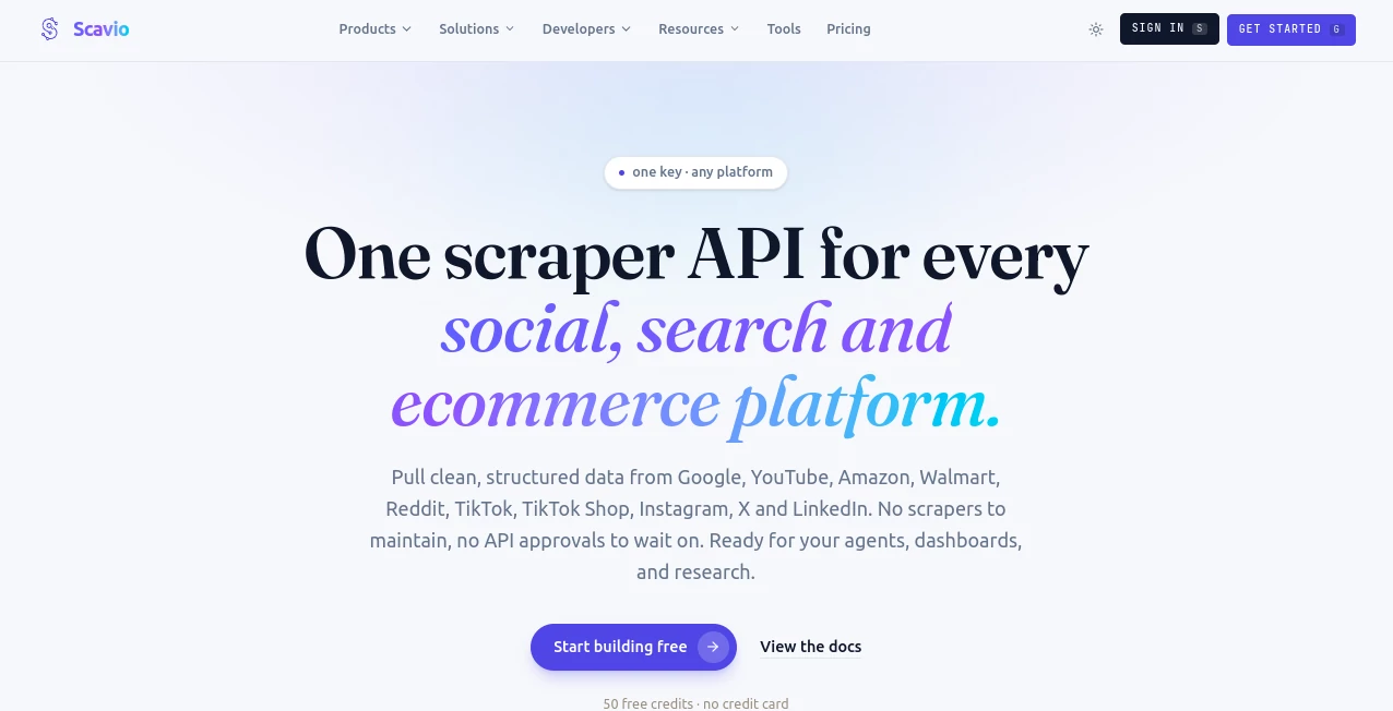 Screenshot of Scavio – An AI tool in the ,AI Web Scraping ,AI Research Tool ,AI API Design ,AI Developer Tools  category, showcasing its interface and key features.