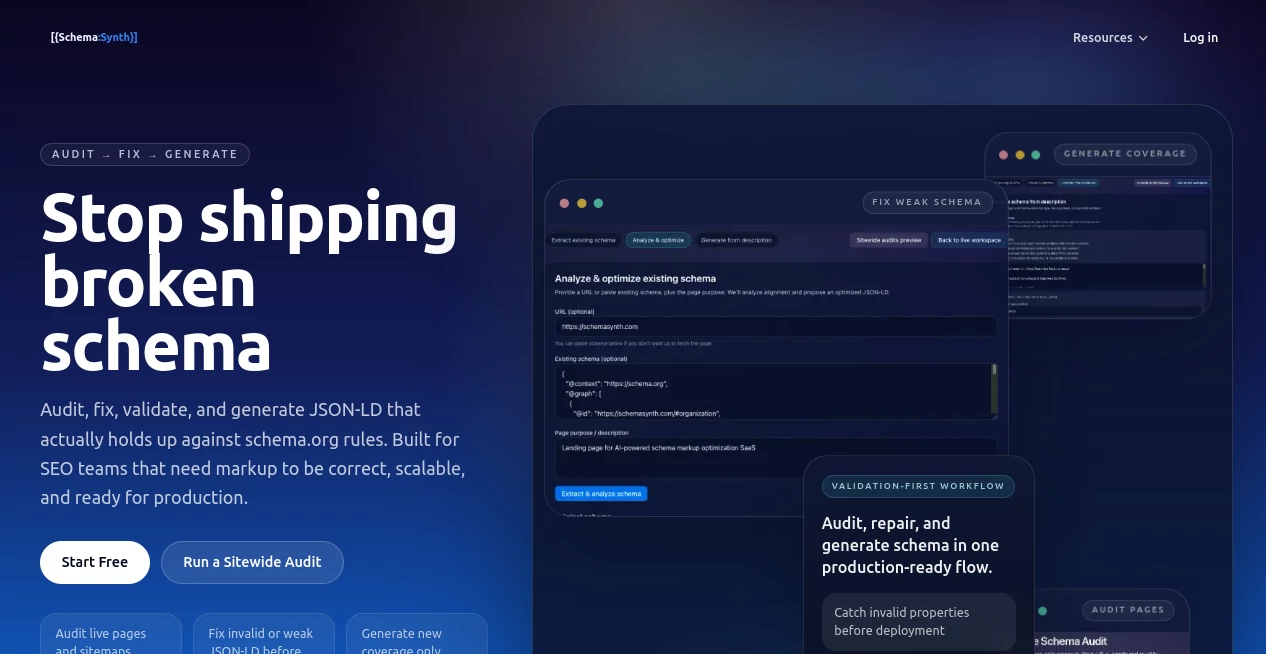 Screenshot of Schema Synth – An AI tool in the ,AI Content Generator ,AI Developer Tools ,AI Research Tool ,AI SEO Assistant  category, showcasing its interface and key features.