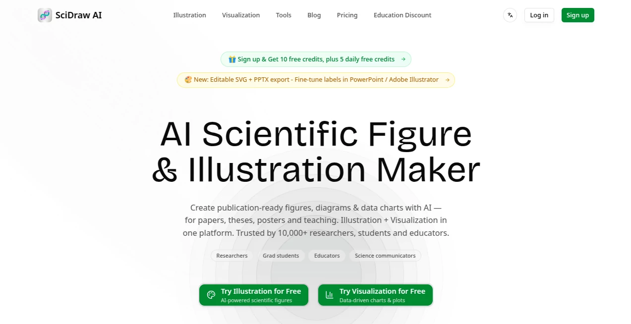 Screenshot of SciDraw AI – An AI tool in the ,AI Design Generator ,AI Graphic Design ,AI Design Assistant ,Other  category, showcasing its interface and key features.