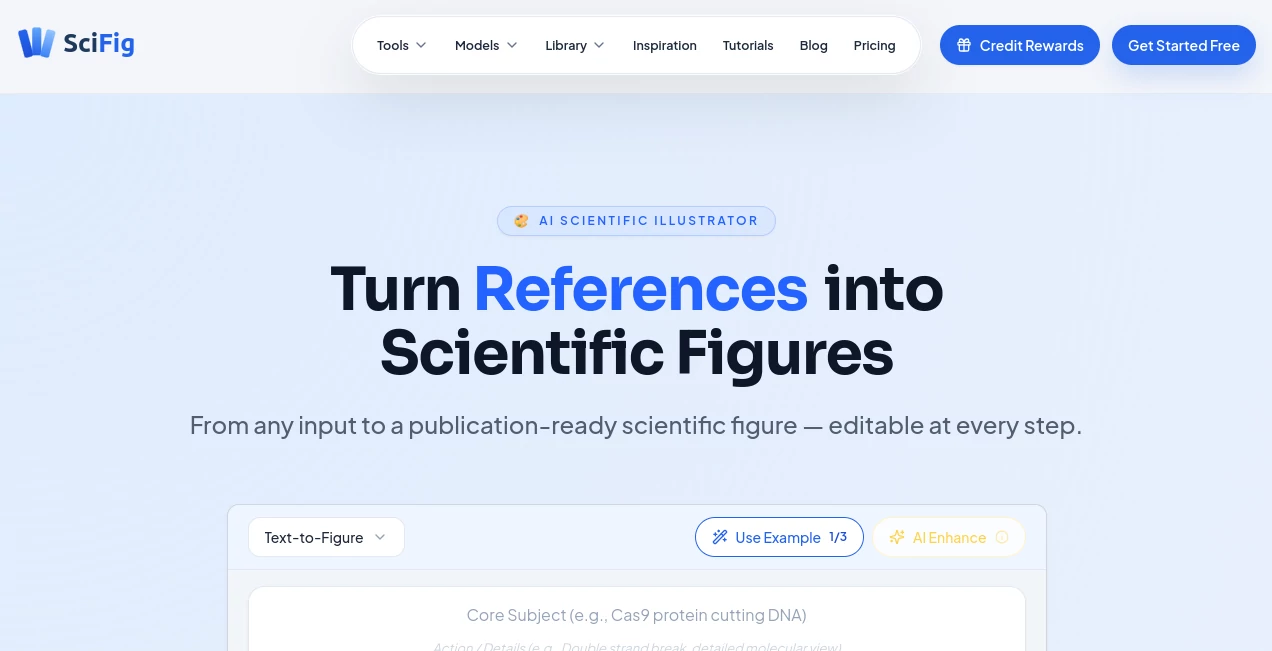 Screenshot of SciFig – An AI tool in the ,AI Research Tool ,AI Design Generator ,AI Education Assistant ,AI Diagram Generator  category, showcasing its interface and key features.