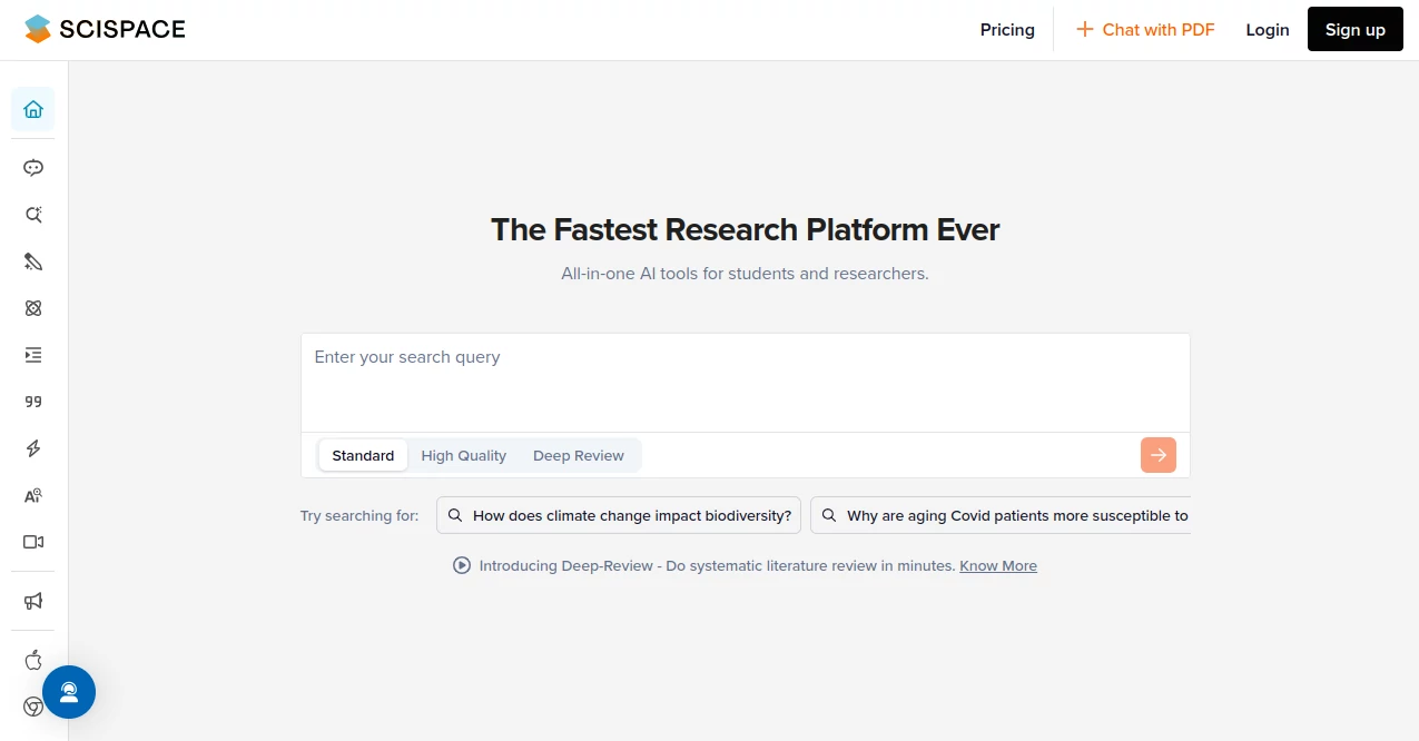 Screenshot of SciSpace – An AI tool in the ,AI Chatbot ,AI Papers ,AI Research Tool ,AI Tools Directory  category, showcasing its interface and key features.