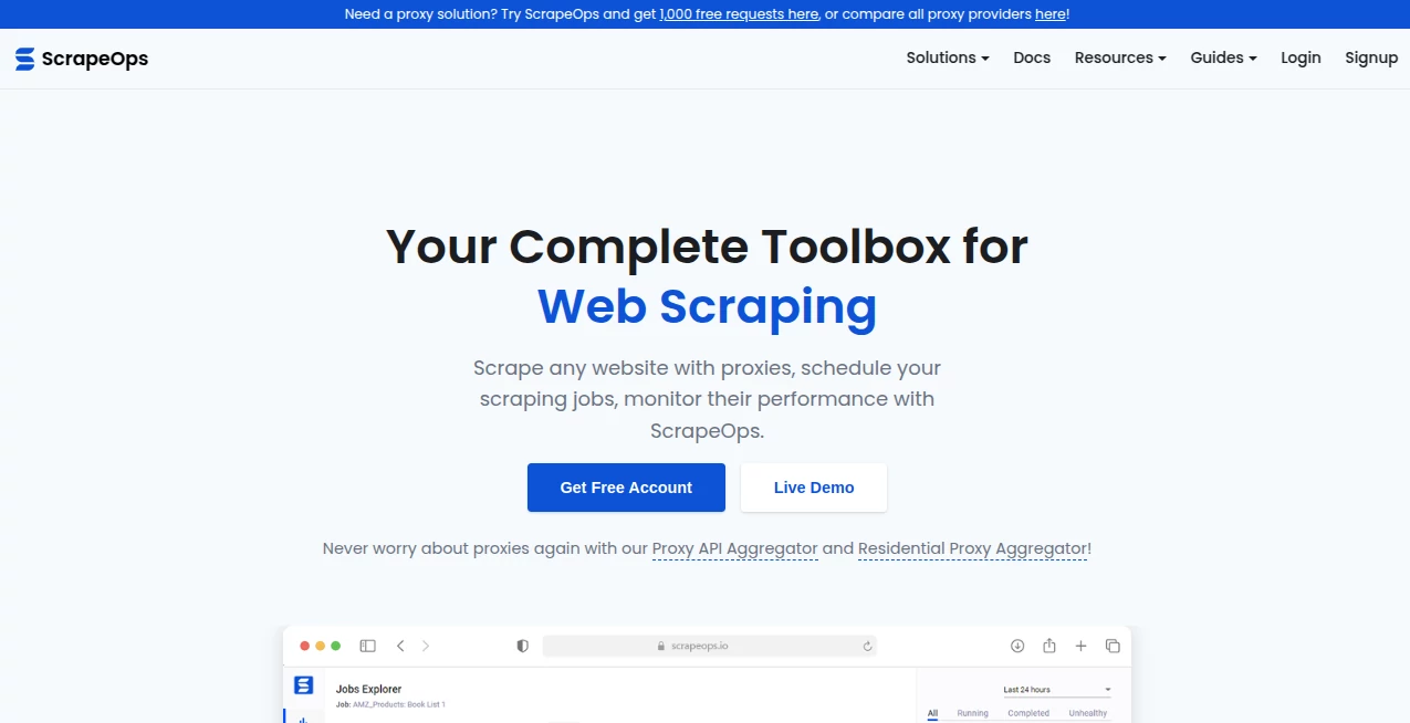 Screenshot of ScrapeOps – An AI tool in the ,AI Data Mining ,AI Developer Tools ,AI Web Scraping ,Code & IT  category, showcasing its interface and key features.