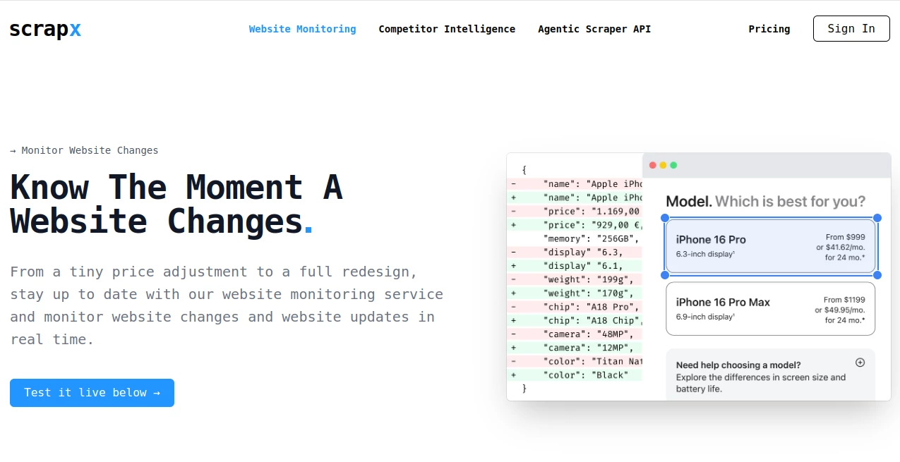 Screenshot of Scrapx – An AI tool in the ,AI Data Mining ,AI API Design ,AI Web Scraping ,AI Developer Tools  category, showcasing its interface and key features.