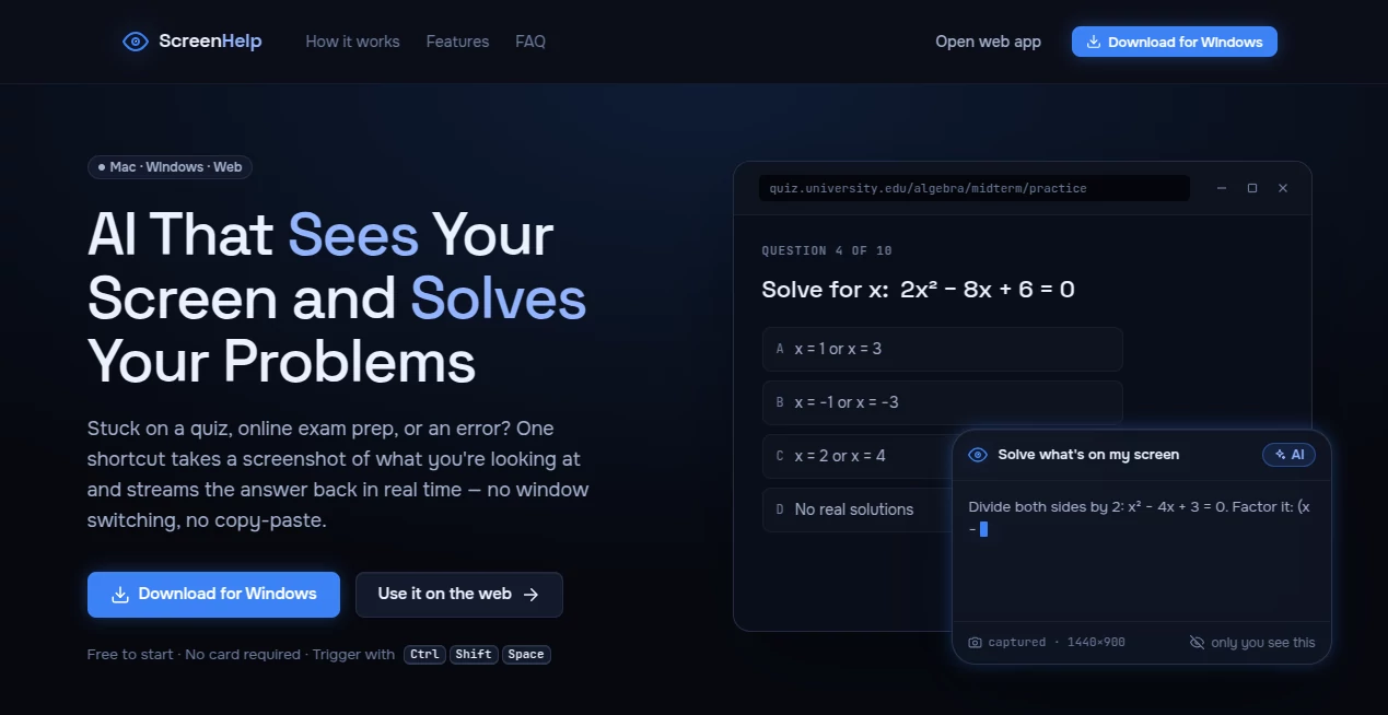 Screenshot of ScreenHelp – An AI tool in the ,AI Developer Tools ,AI Education Assistant ,AI Productivity Tools ,AI Meeting Assistant  category, showcasing its interface and key features.