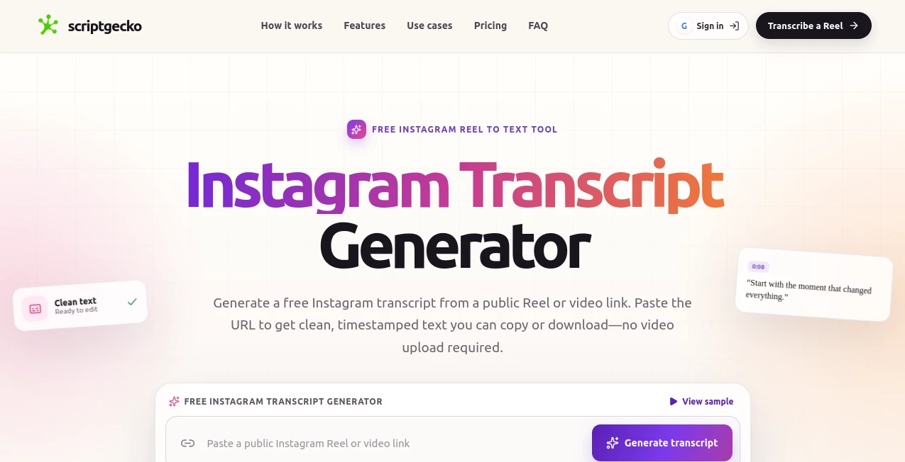 Screenshot of scriptgecko – An AI tool in the ,AI Transcriber ,AI Social Media Assistant ,AI Transcription ,AI Captions or Subtitle  category, showcasing its interface and key features.