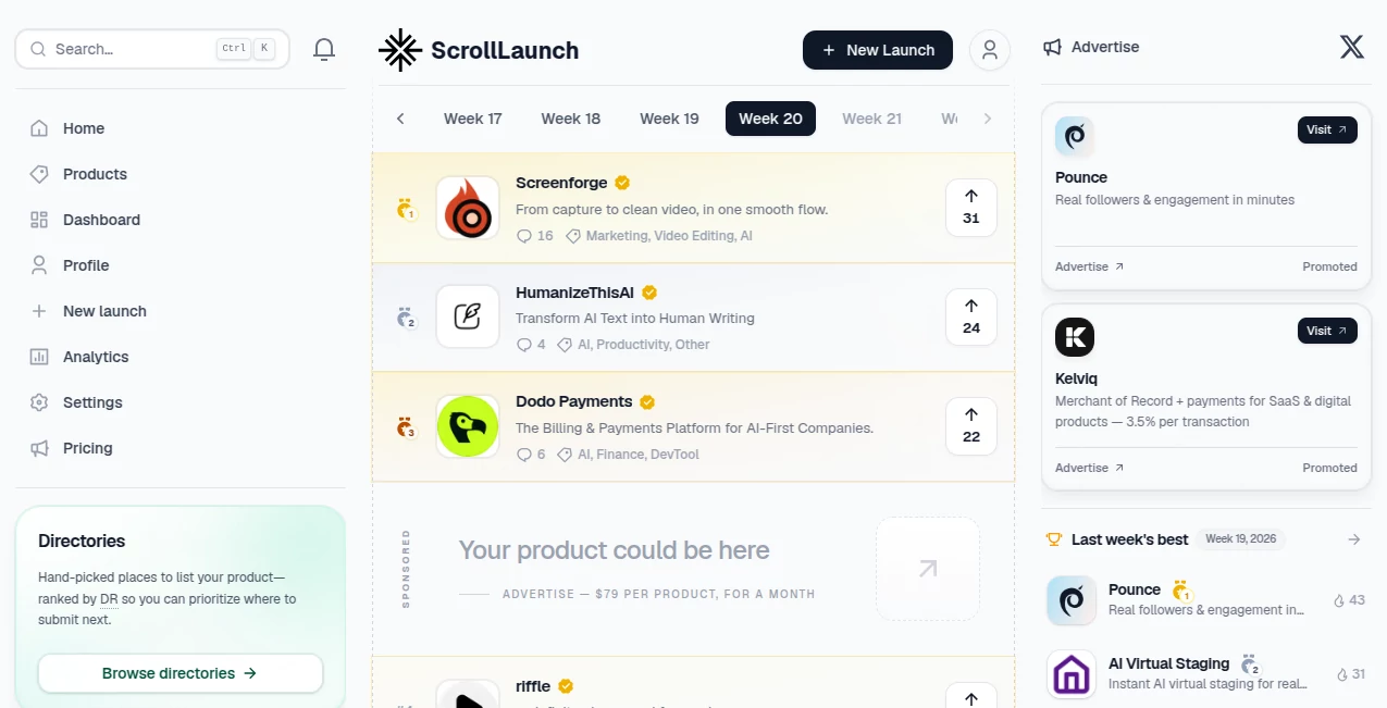 Screenshot of Scroll Launch – An AI tool in the ,AI Tools Directory  category, showcasing its interface and key features.
