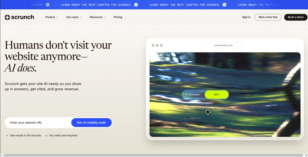 Screenshot of Scrunch – An AI tool in the ,AI Research Tool ,AI Analytics Assistant ,AI SEO Assistant ,Marketing  category, showcasing its interface and key features.