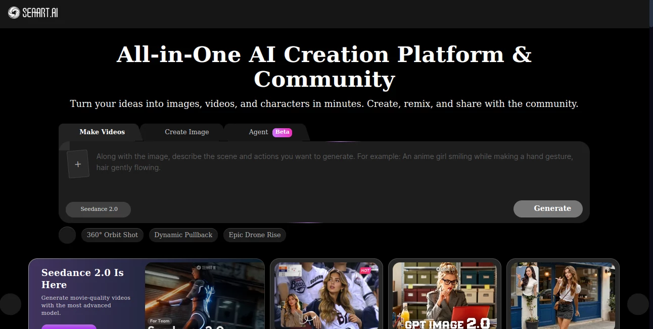 Screenshot of SeaArt – An AI tool in the ,AI Image to Video ,AI Video Generator ,AI Art Generator ,AI Design Generator  category, showcasing its interface and key features.