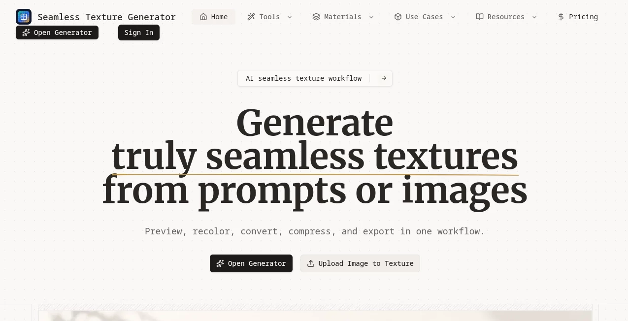 Screenshot of Seamless Texture Generator – An AI tool in the ,AI Illustration Generator ,AI Design Assistant ,AI Design Generator ,AI Graphic Design  category, showcasing its interface and key features.