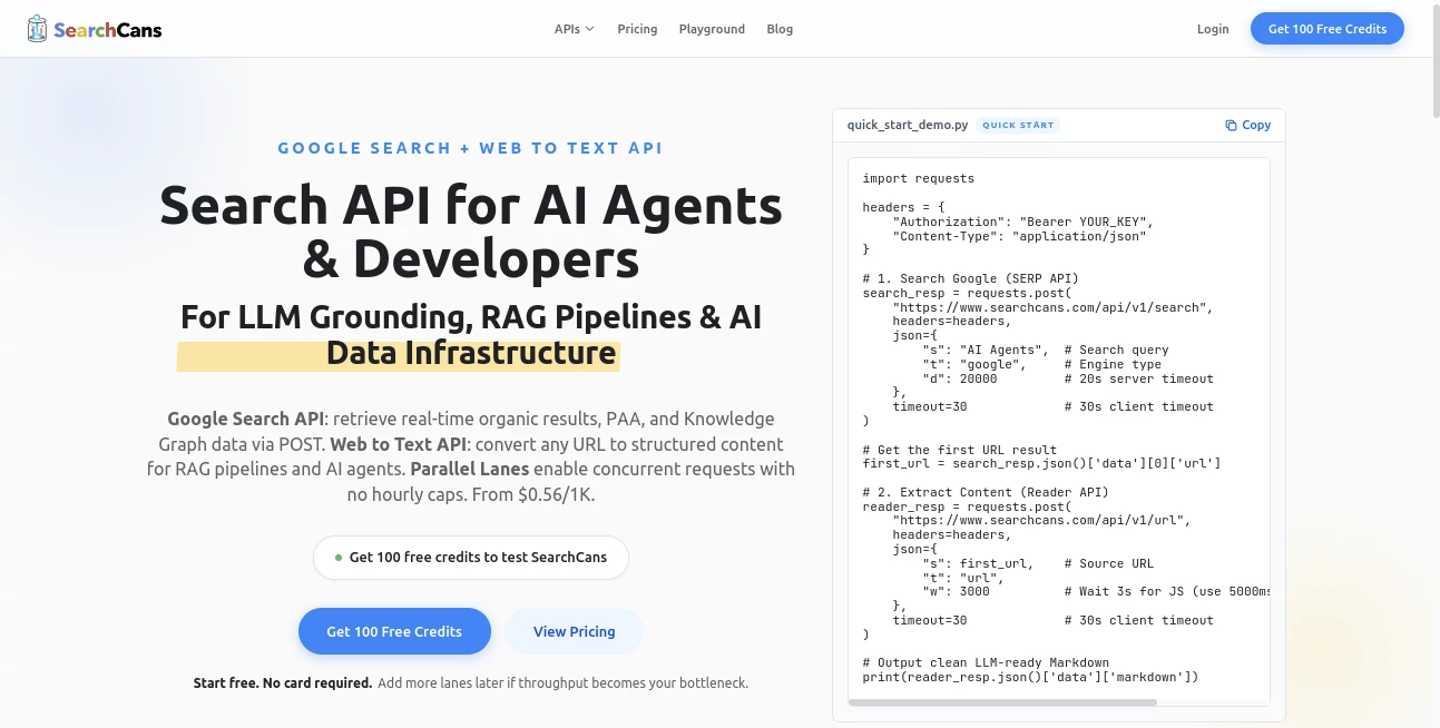 Screenshot of SearchCans – An AI tool in the ,AI Developer Tools ,AI Search Engine ,AI Research Tool ,AI SEO Assistant  category, showcasing its interface and key features.