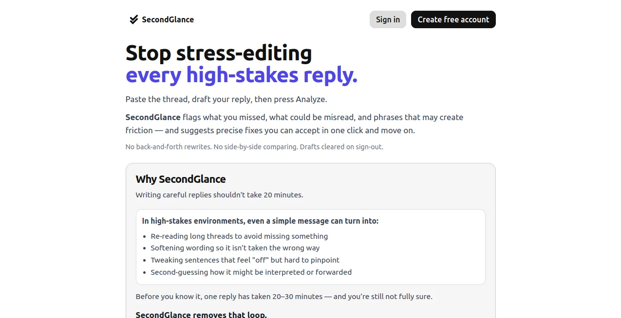 Screenshot of SecondGlance – An AI tool in the ,AI Writing Assistants ,AI Customer Service Assistant ,AI Email Assistant  category, showcasing its interface and key features.