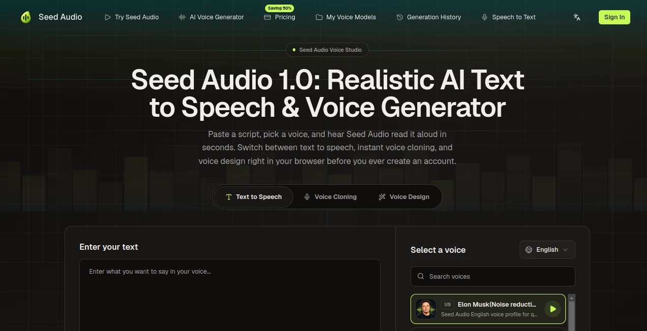 Screenshot of Seed Audio – An AI tool in the ,AI Music Generator ,AI Text to Speech ,AI Voice Cloning ,AI Speech Synthesis  category, showcasing its interface and key features.