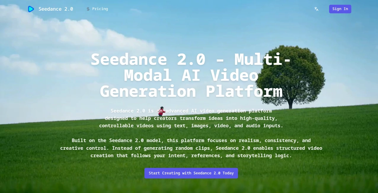 Screenshot of Seedance 2 – An AI tool in the ,AI Animated Video ,AI Image to Video ,AI Video Generator ,AI Text to Video  category, showcasing its interface and key features.