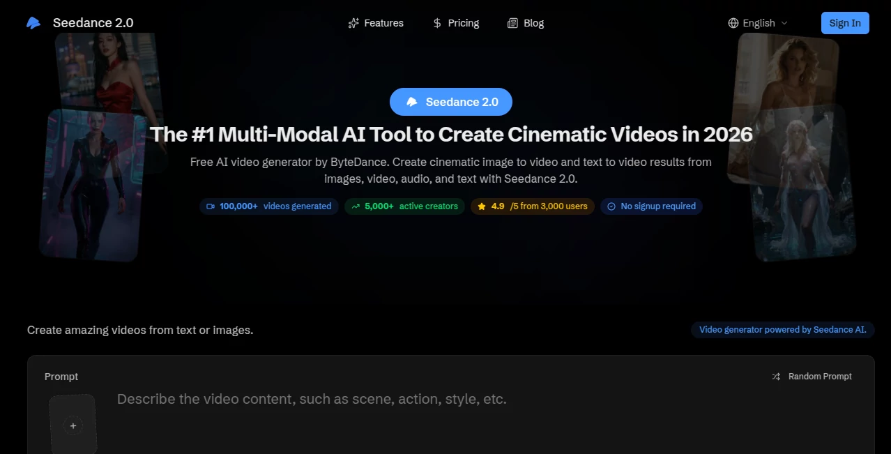 Screenshot of Seedance 2.0 - Free AI Video Generator – An AI tool in the ,AI Animated Video ,AI Image to Video ,AI Video Generator ,AI Text to Video  category, showcasing its interface and key features.