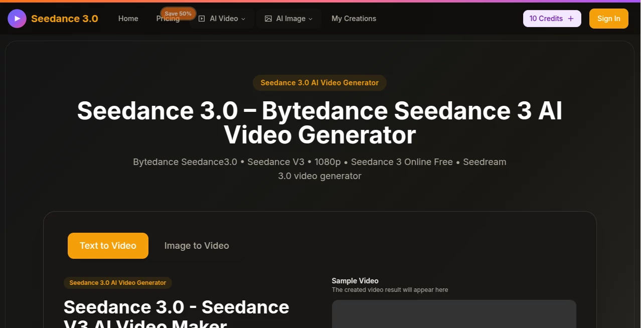 Screenshot of seedance 3.0 – An AI tool in the ,AI Animated Video ,AI Image to Video ,AI Video Generator ,AI Text to Video  category, showcasing its interface and key features.