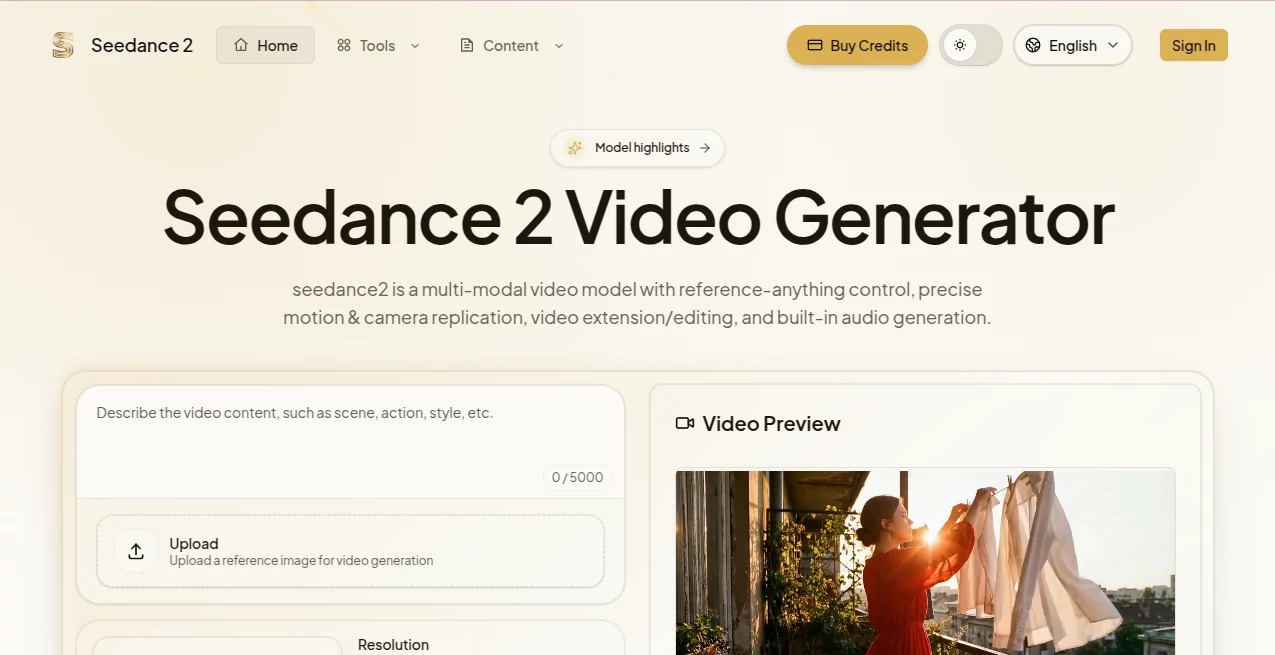 Screenshot of seedance2 – An AI tool in the ,AI Animated Video ,AI Image to Video ,AI Video Generator ,AI Text to Video  category, showcasing its interface and key features.
