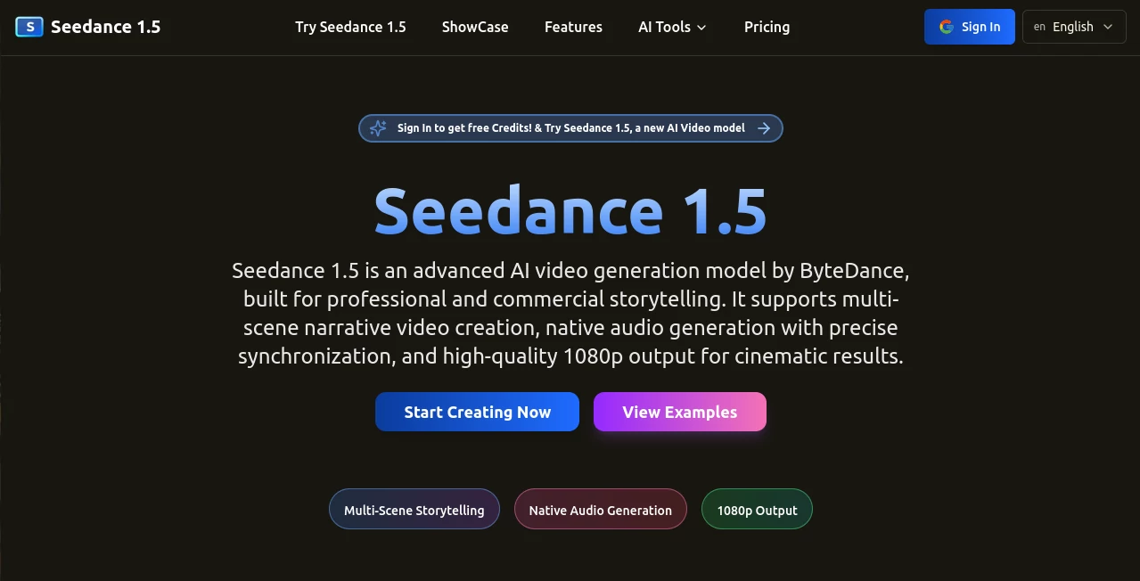 Screenshot of Seedance 1.5 – An AI tool in the ,AI Image to Video ,AI Music Video Generator ,AI Text to Video ,AI Video Generator  category, showcasing its interface and key features.