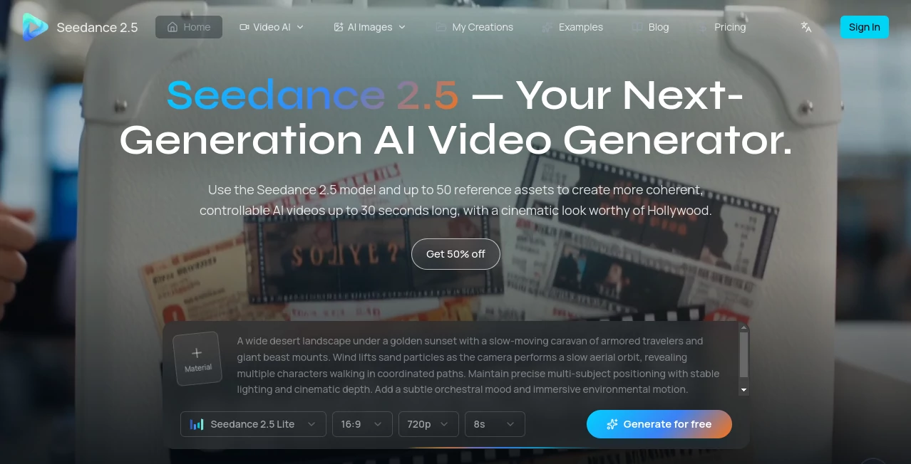 Screenshot of Seedance 2.5 – An AI tool in the ,AI Image to Video ,AI Video Generator ,AI Video Editor ,AI Text to Video  category, showcasing its interface and key features.