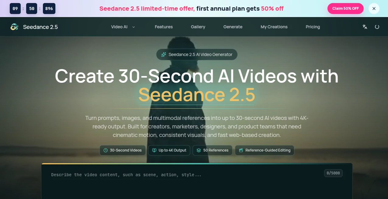Screenshot of Seedance 2.5 AI – An AI tool in the ,AI Content Generator ,AI Video Generator ,AI Text to Video  category, showcasing its interface and key features.