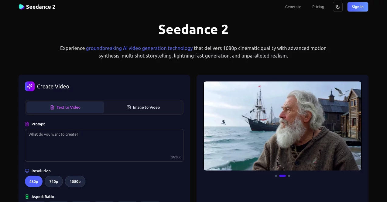 Screenshot of Seedance 2 – An AI tool in the ,AI Animated Video ,AI Image to Video ,AI Video Generator ,AI Short Clips Generator  category, showcasing its interface and key features.