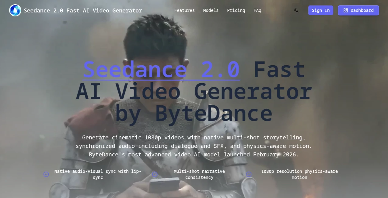 Screenshot of Seedance 2.0 Fast – An AI tool in the ,AI Animated Video ,AI Image to Video ,AI Video Generator ,AI Text to Video  category, showcasing its interface and key features.