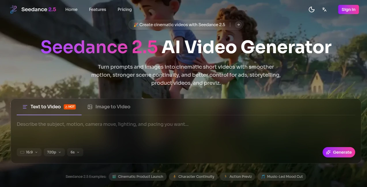 Screenshot of Seedance 2.5 – An AI tool in the ,AI Animated Video ,AI Image to Video ,AI Video Generator ,AI Text to Video  category, showcasing its interface and key features.