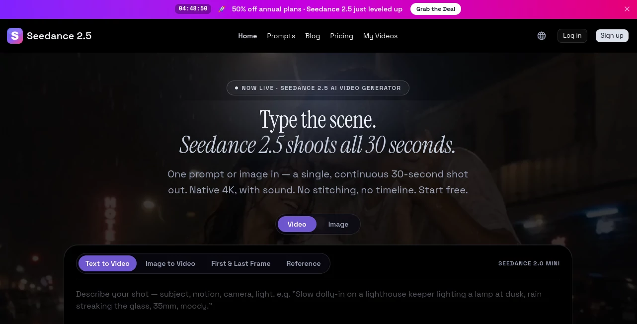 Screenshot of Seedance 2.5 AI Video Generator – An AI tool in the ,AI Image to Video ,AI Video Editor ,AI Text to Video ,AI Video Generator  category, showcasing its interface and key features.