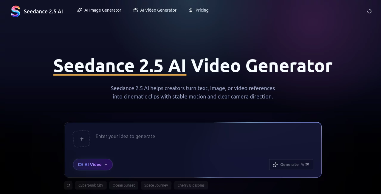 Screenshot of Seedance 2.5 – An AI tool in the ,AI Video Generator ,AI Video Editor ,AI Speech to Text ,AI Voice & Audio Editing  category, showcasing its interface and key features.